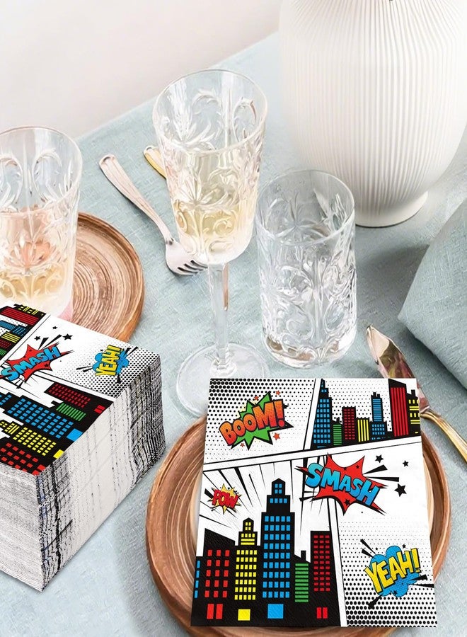 Grencian 100 Pcs Super Theme Hero Square Napkins Disposable White Comic Hero Paper Napkins Hero's Action Sign Cityscape Cocktail Napkin for Kids Baby Shower Spider Party Decorations Supplies - Image 5